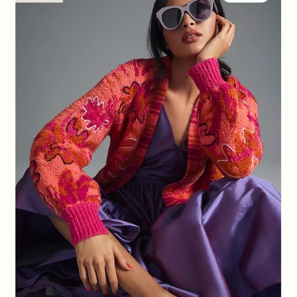 By Anthropologie Embroidered Cardigan Sweater Pink Combo Small - Picture 16 of 16